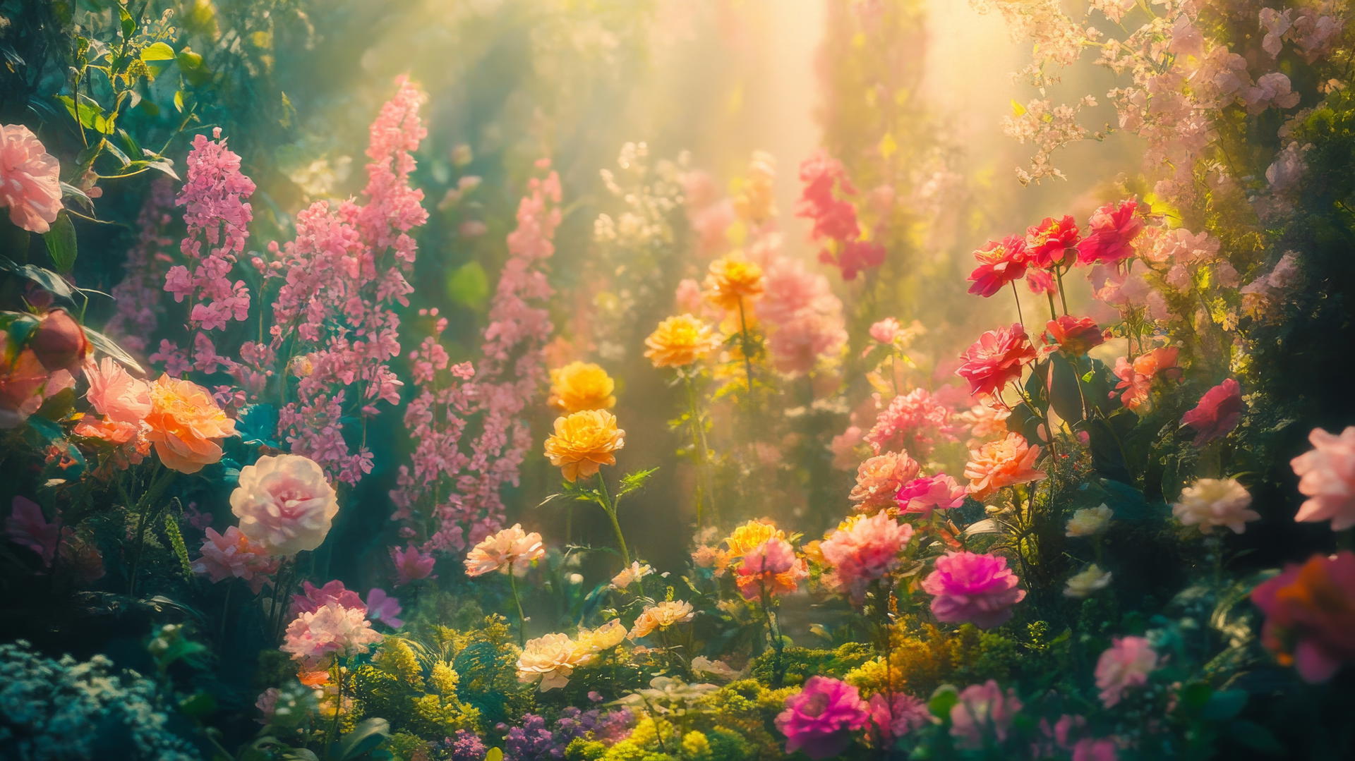Spring aesthetic wallpaper with vibrant flowers and gentle sunlight