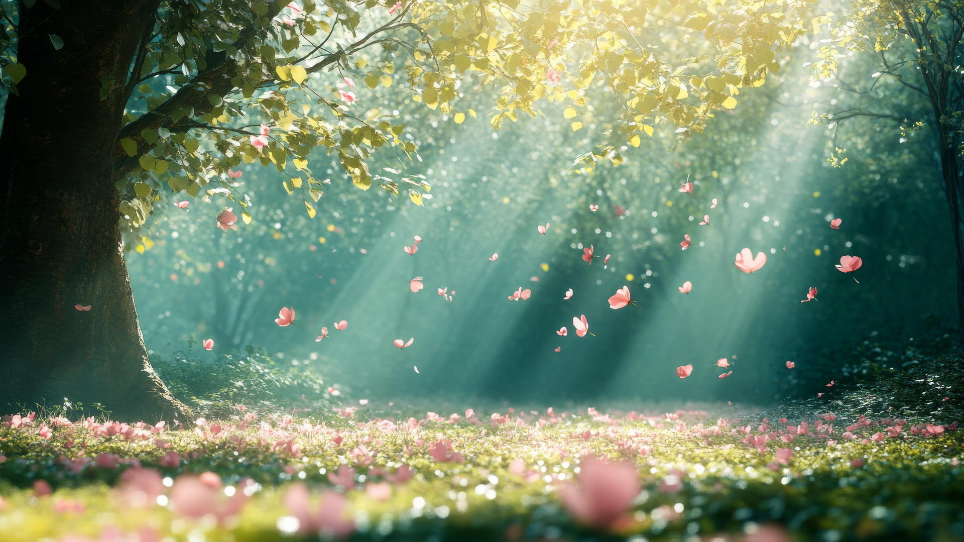 spring aesthetic wallpaper with forest clearing, sunlight, and floating petals