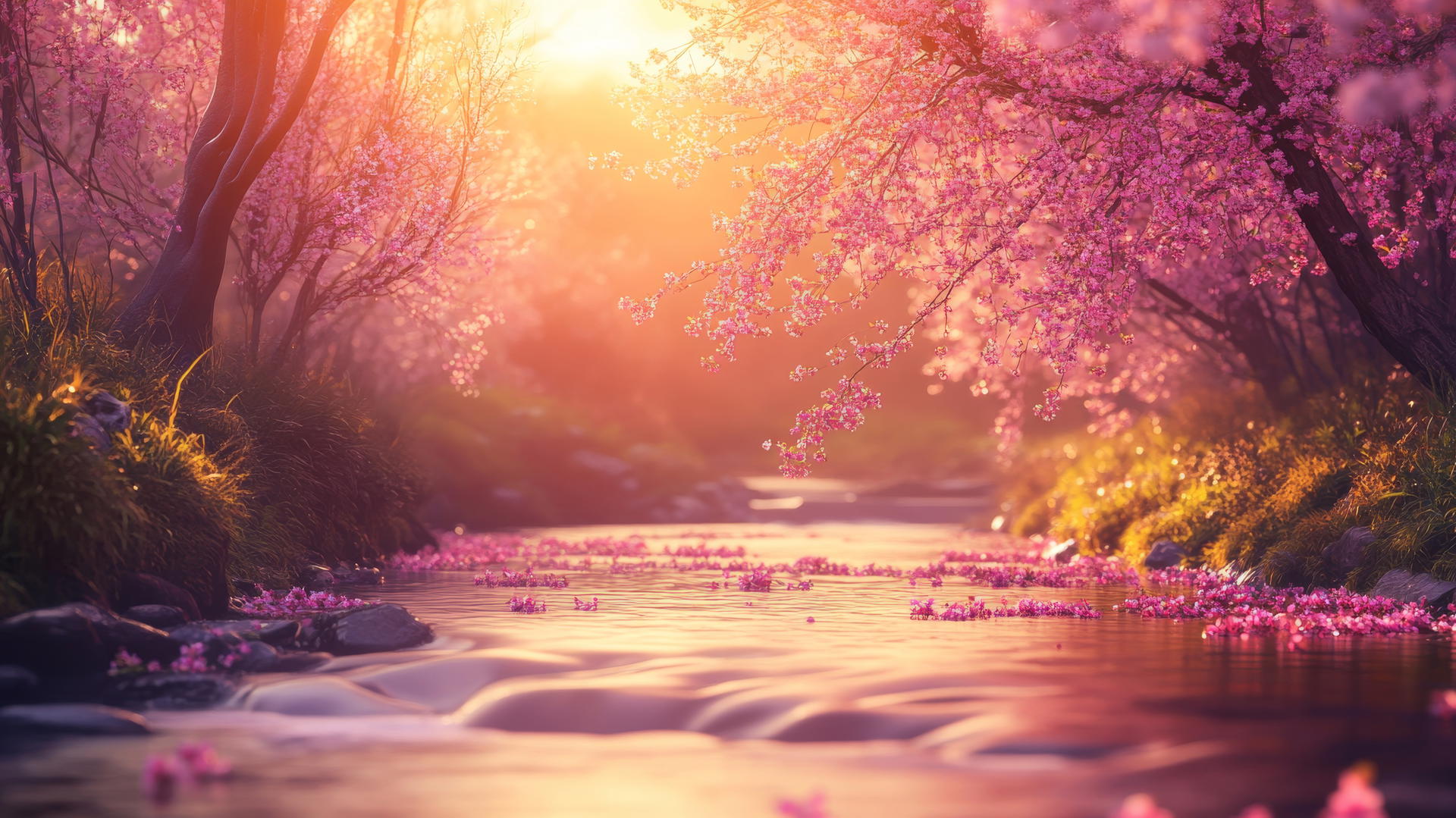 spring aesthetic wallpaper with cherry blossoms and golden light