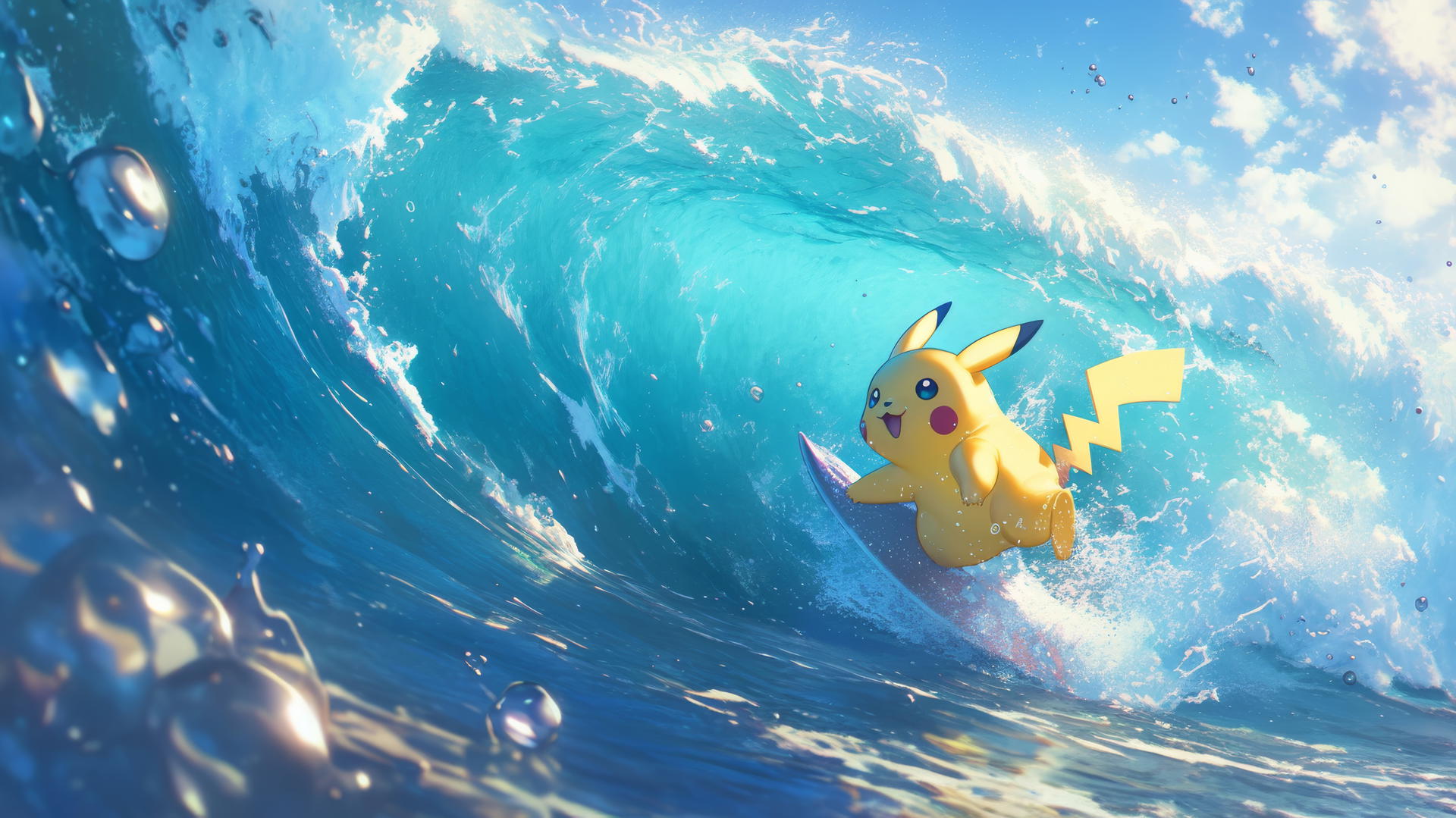Pikachu surfing a massive wave with splashing water and bright sunlight.