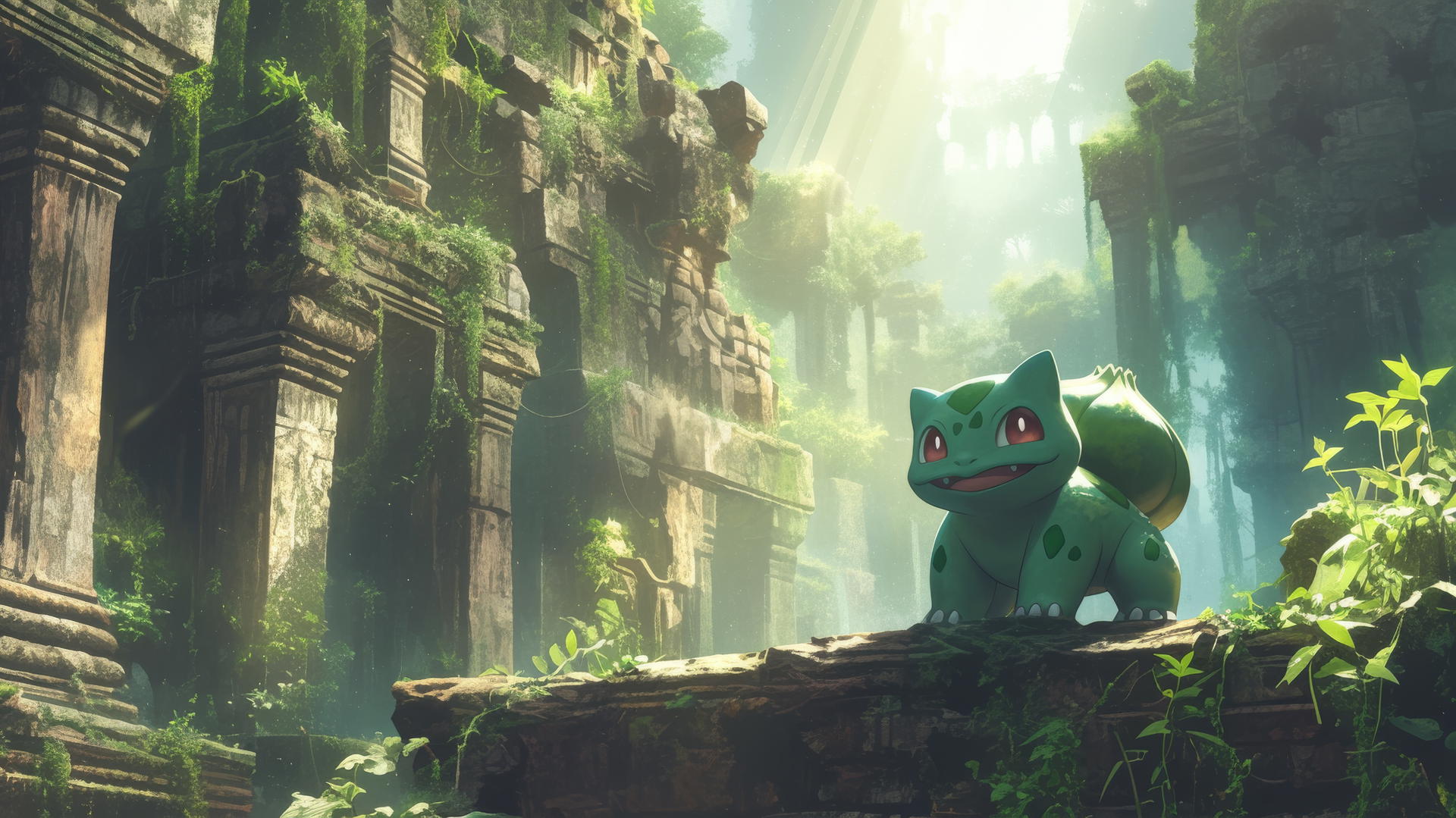pokemon bulbasaur exploring an ancient temple with vines and moss