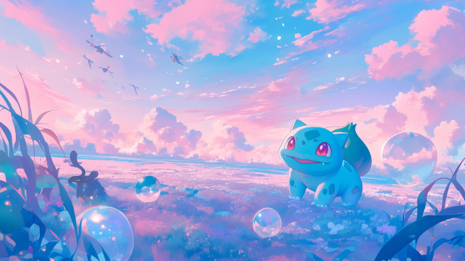 pokemon bulbasaur in a dreamy pastel world with cotton candy clouds and floating islands