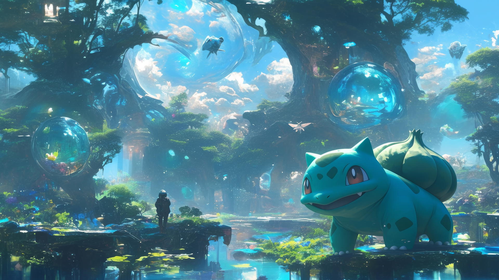 Pokemon Bulbasaur in a surreal glass and crystal fantasy landscape