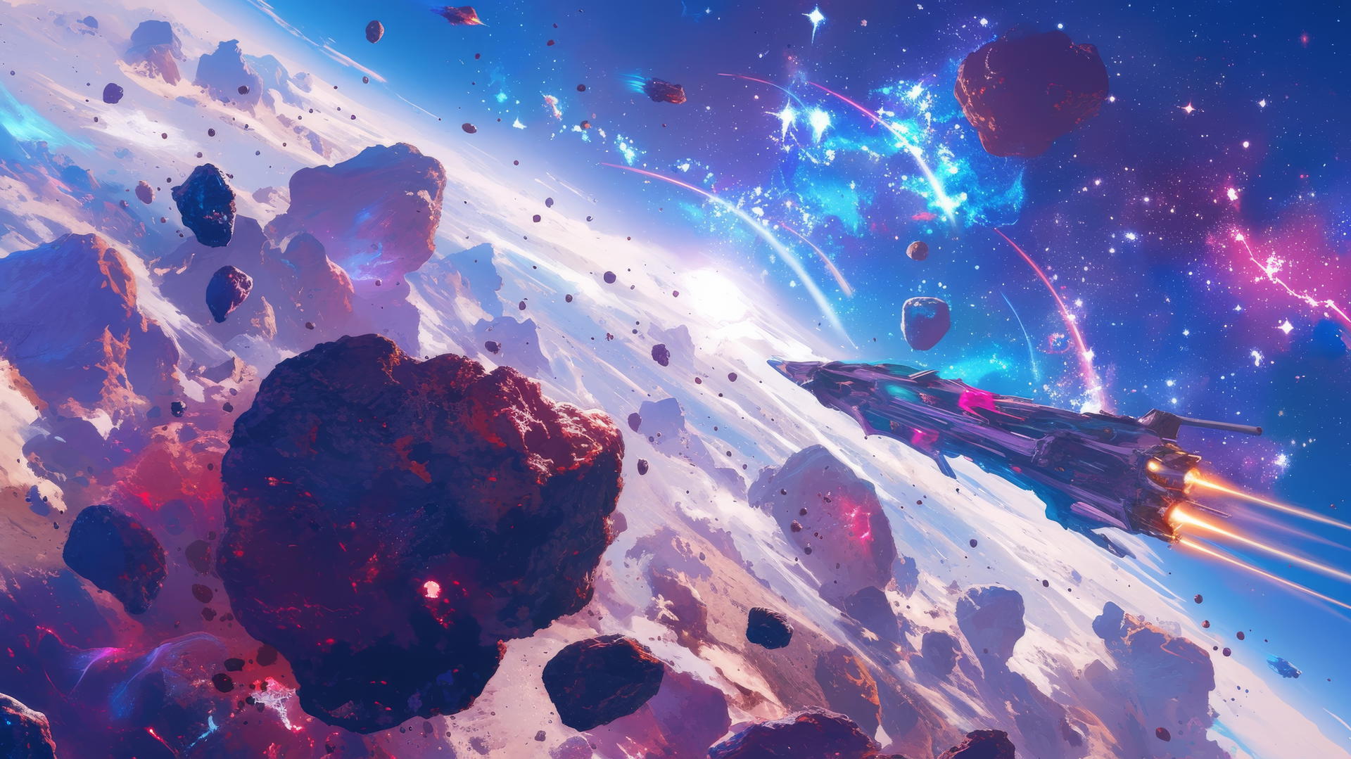 cool wallpapers 4k: spaceship flying through a colorful asteroid field in space