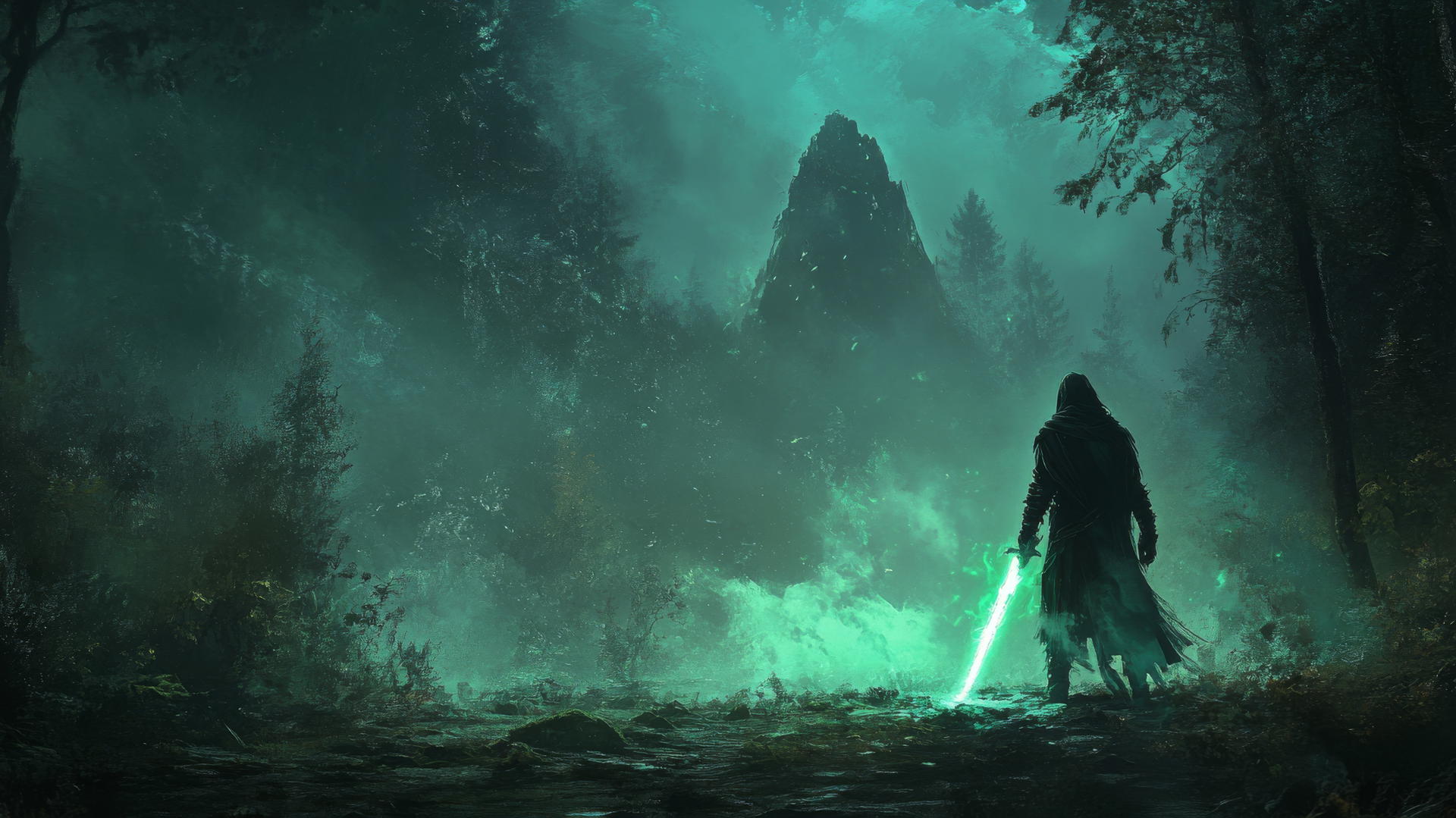 cool wallpapers for boys with mysterious warrior in dark forest, glowing sword, mist