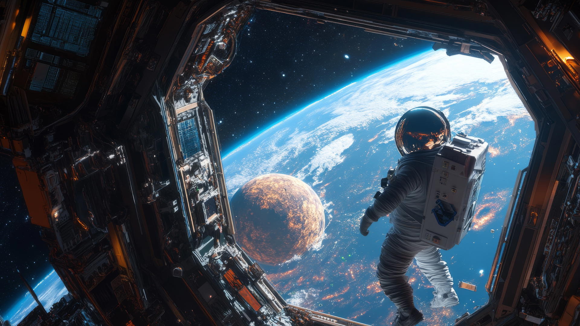 Young astronaut floating in a space station with a planet and galaxies outside.