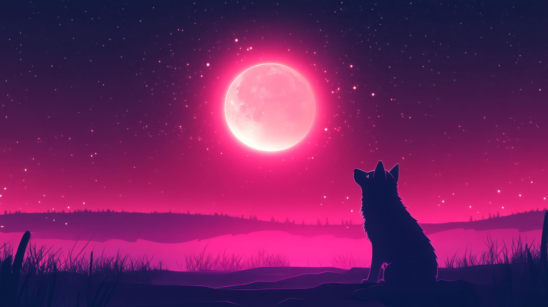 Silhouette of a wolf looking up at a glowing full moon with neon accents.