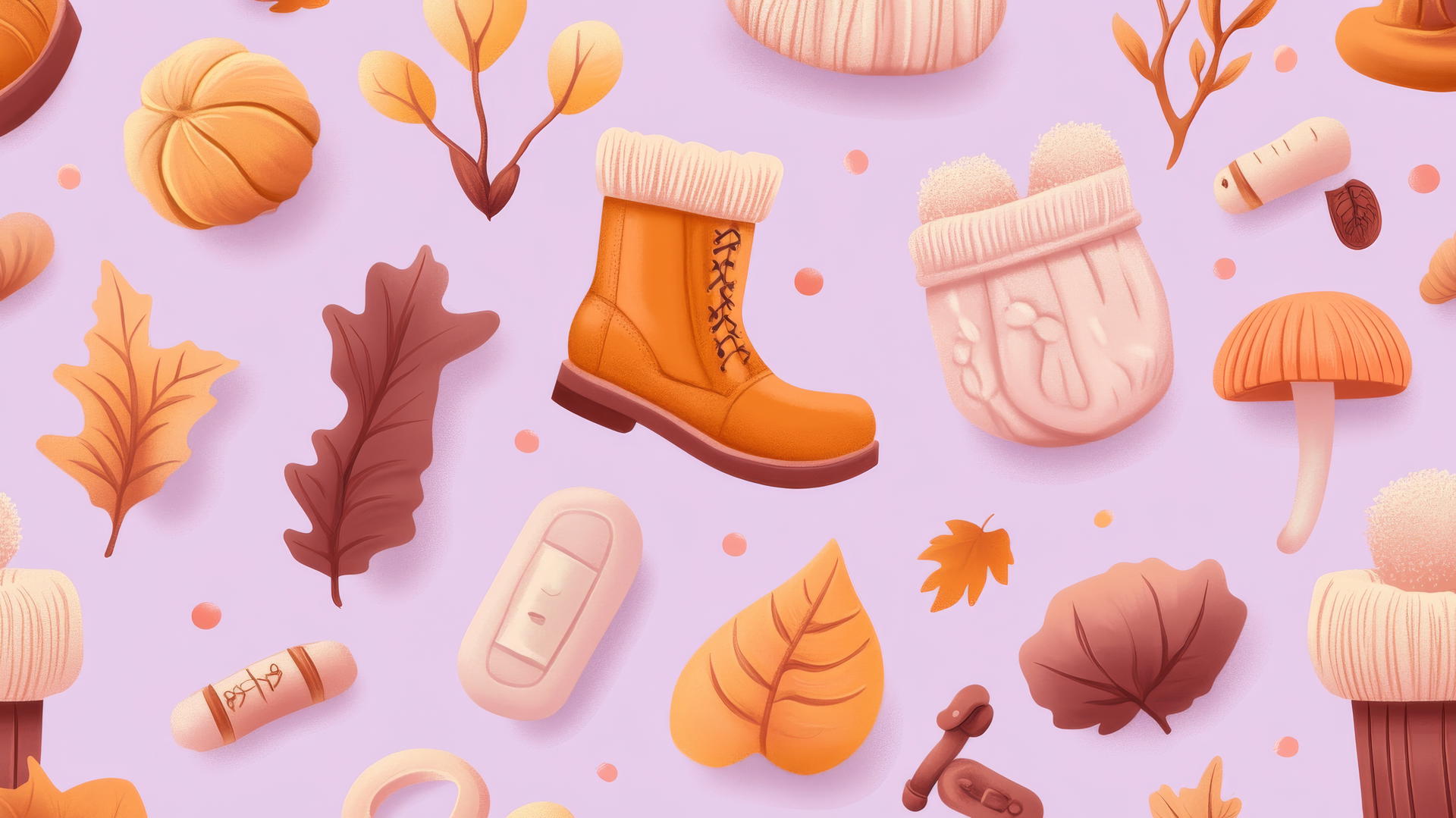 Cozy fall accessories on pastel purple with autumn colors