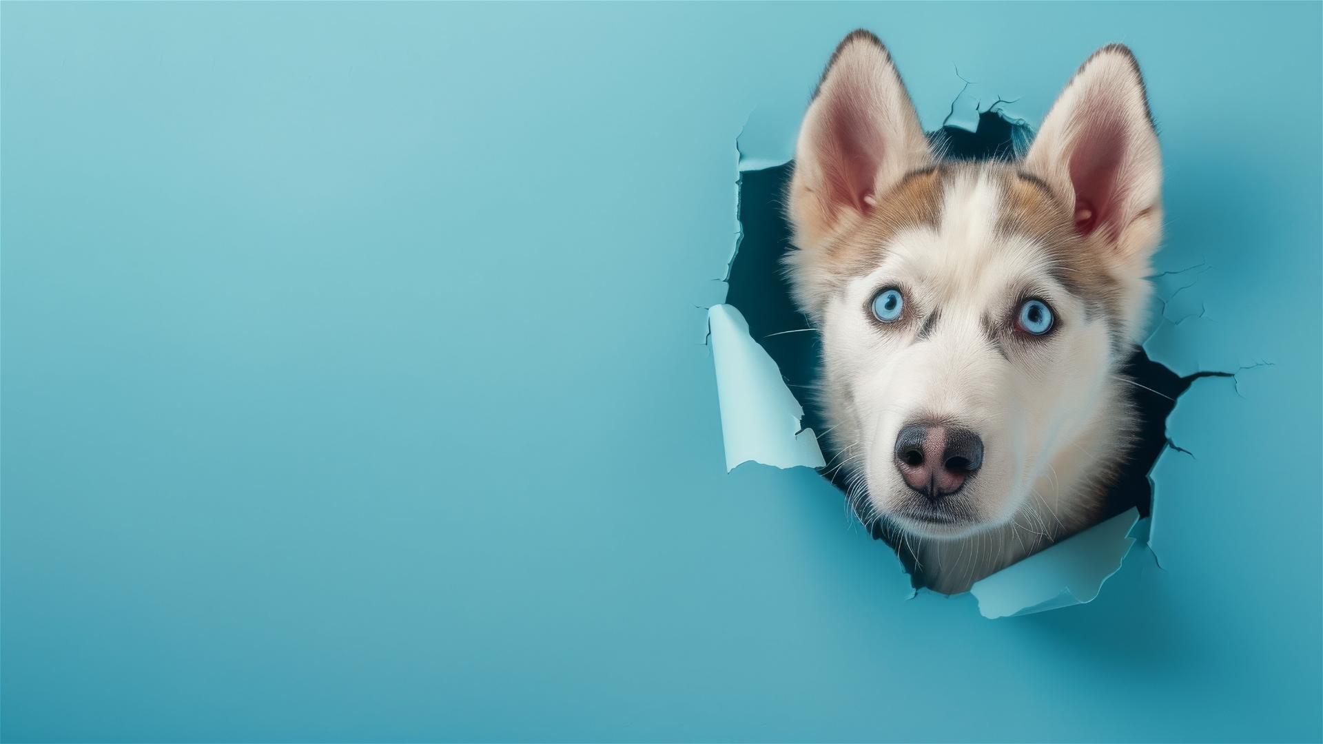 Siberian Husky peeking through sky blue wall