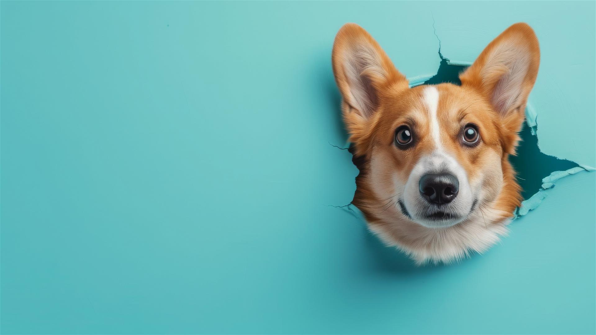 Corgi peeking through sky blue wall hole