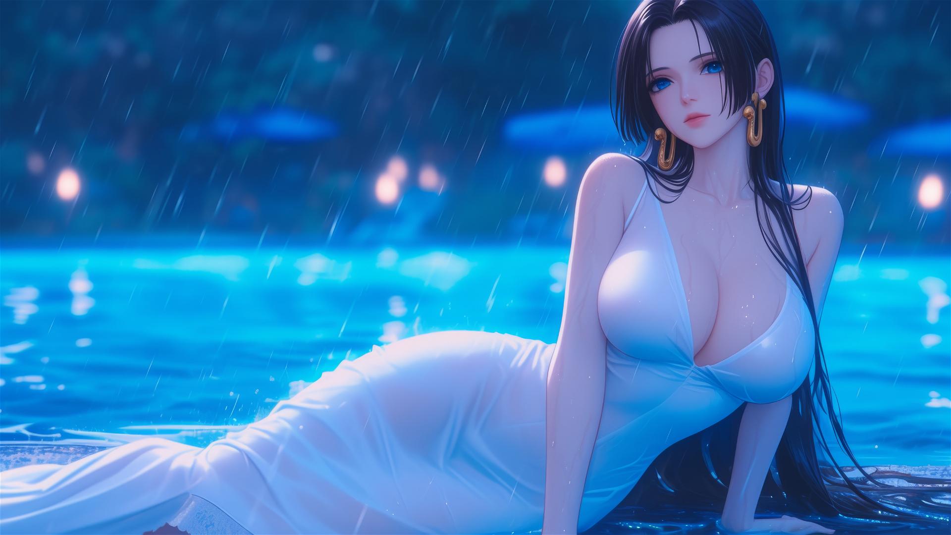 Boa Hancock resting by a rainy swimming pool under moonlight in a pure white dress