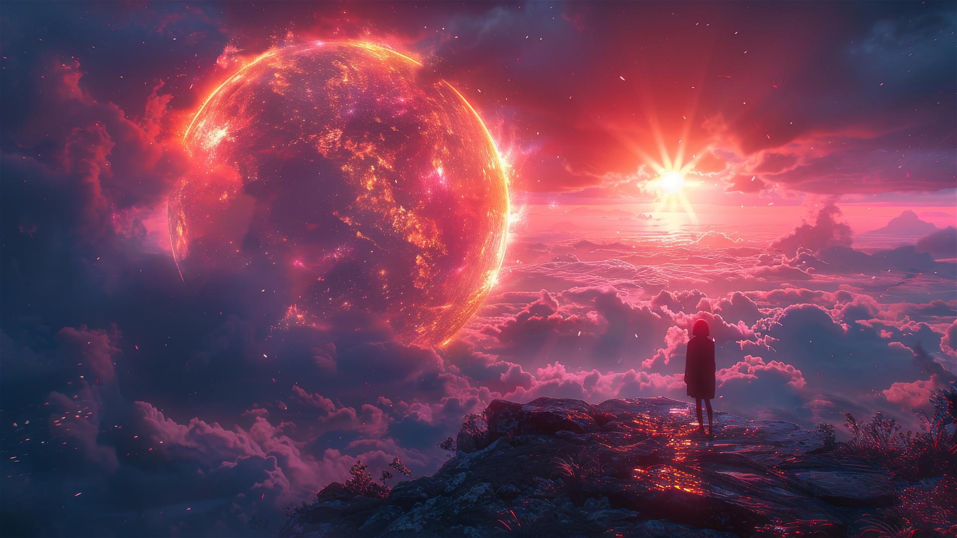 Silhouette against a colorful, utopian alien world.