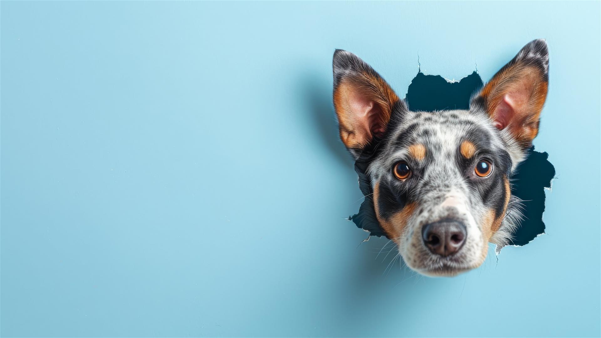 Colorful Australian Cattle Dog peeking through sky blue paper hole