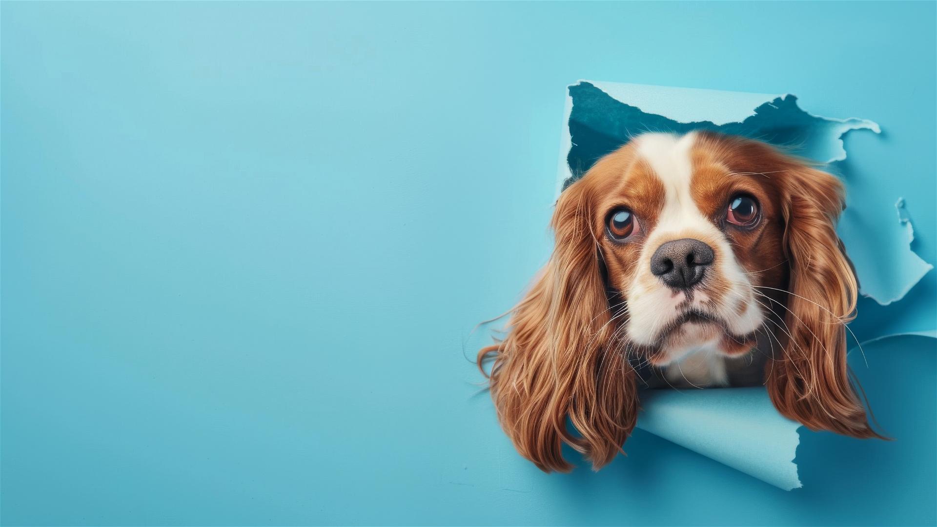 Cavalier King Charles Spaniel peeking through hole in sky blue paper