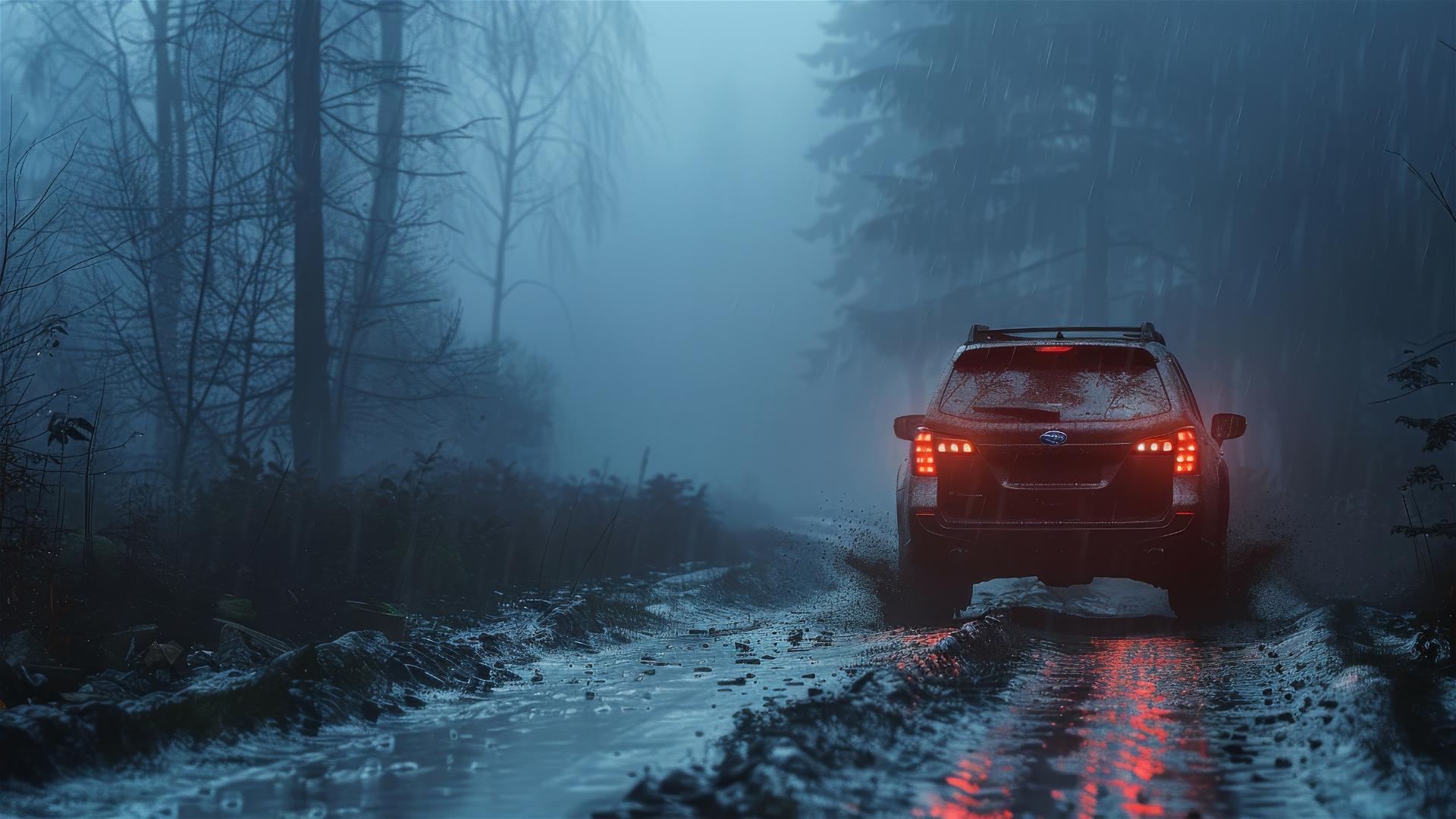 photorealistic, closeup view of a Subaru Outback in a dim, foggy, Gothic-gloomy setting