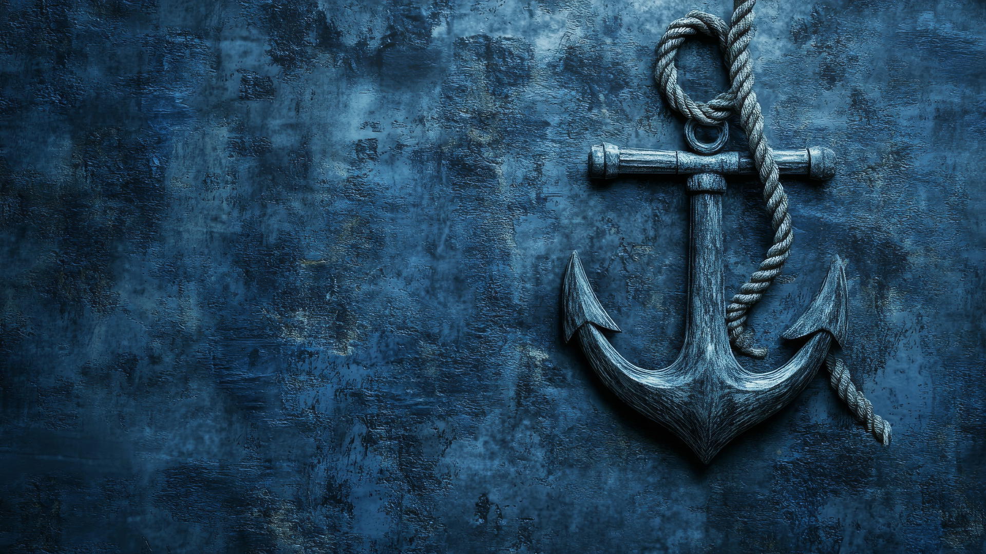 Navy blue wallpaper with coiled rope and anchor on dark blue sea background