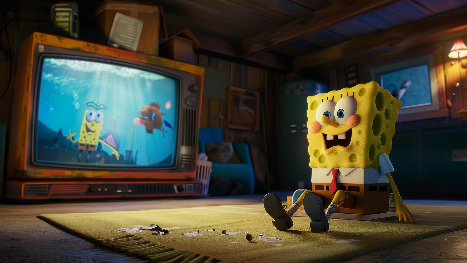 SpongeBob-like cartoon figure sitting before a giant TV screen