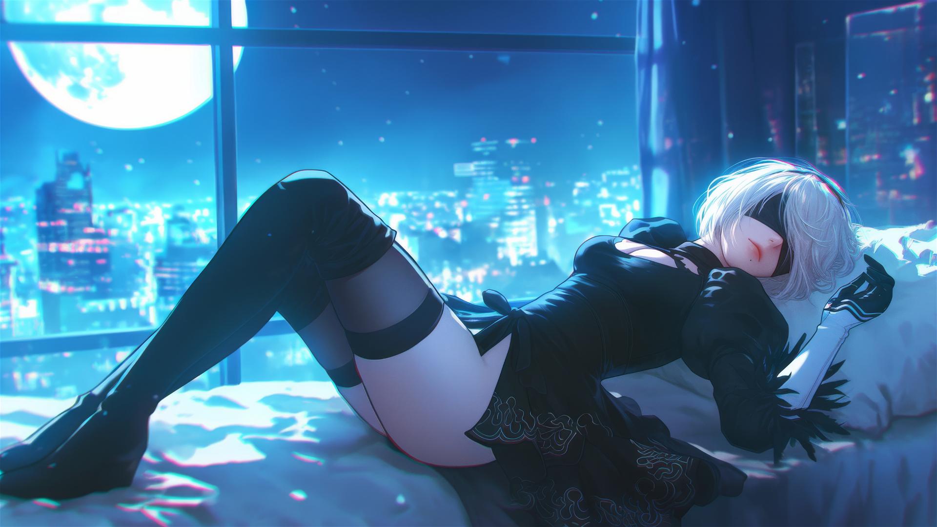 2B from Nier resting in modern hotel room with moonlight glow