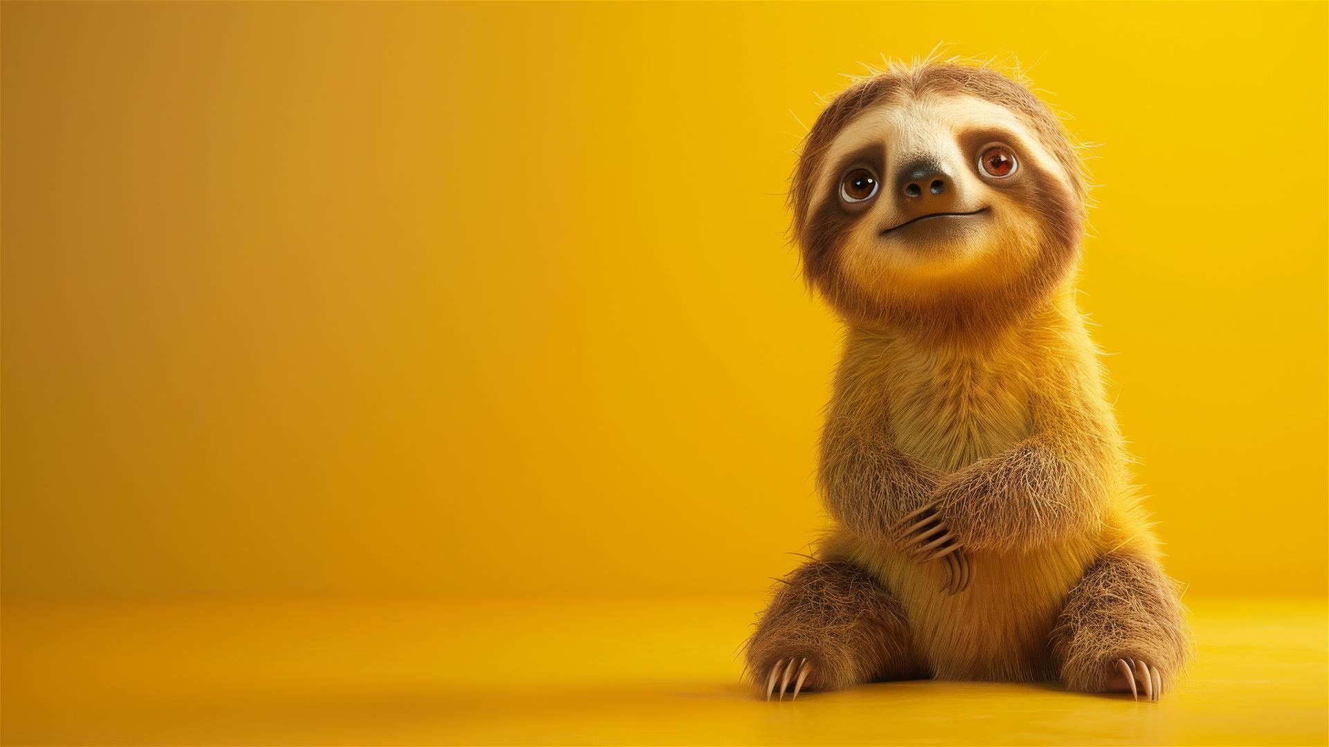 Baby sloth looking up, full body standing, yellow background, Pixar 2D cartoon