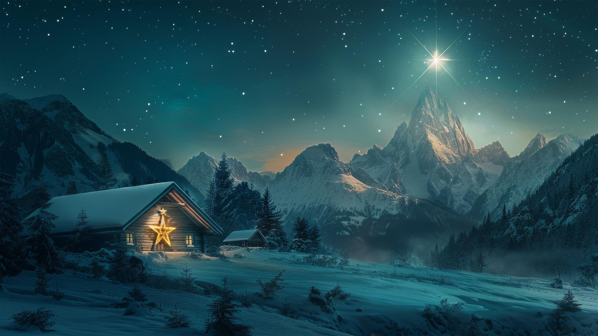 Christmas star over a cabin near mountains with dark cyan and light brown chiaroscuro