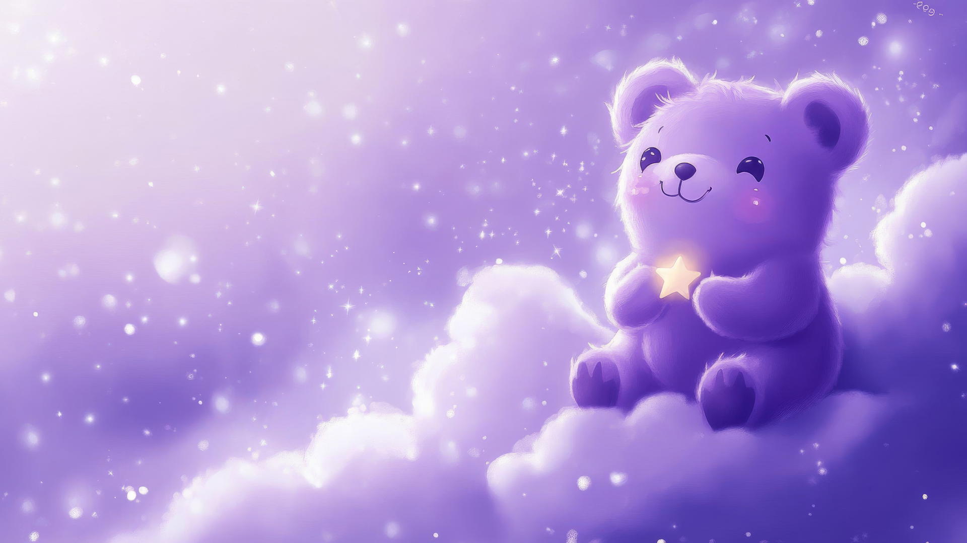 cute purple wallpaper with kawaii bear holding a tiny star on a lavender cloud