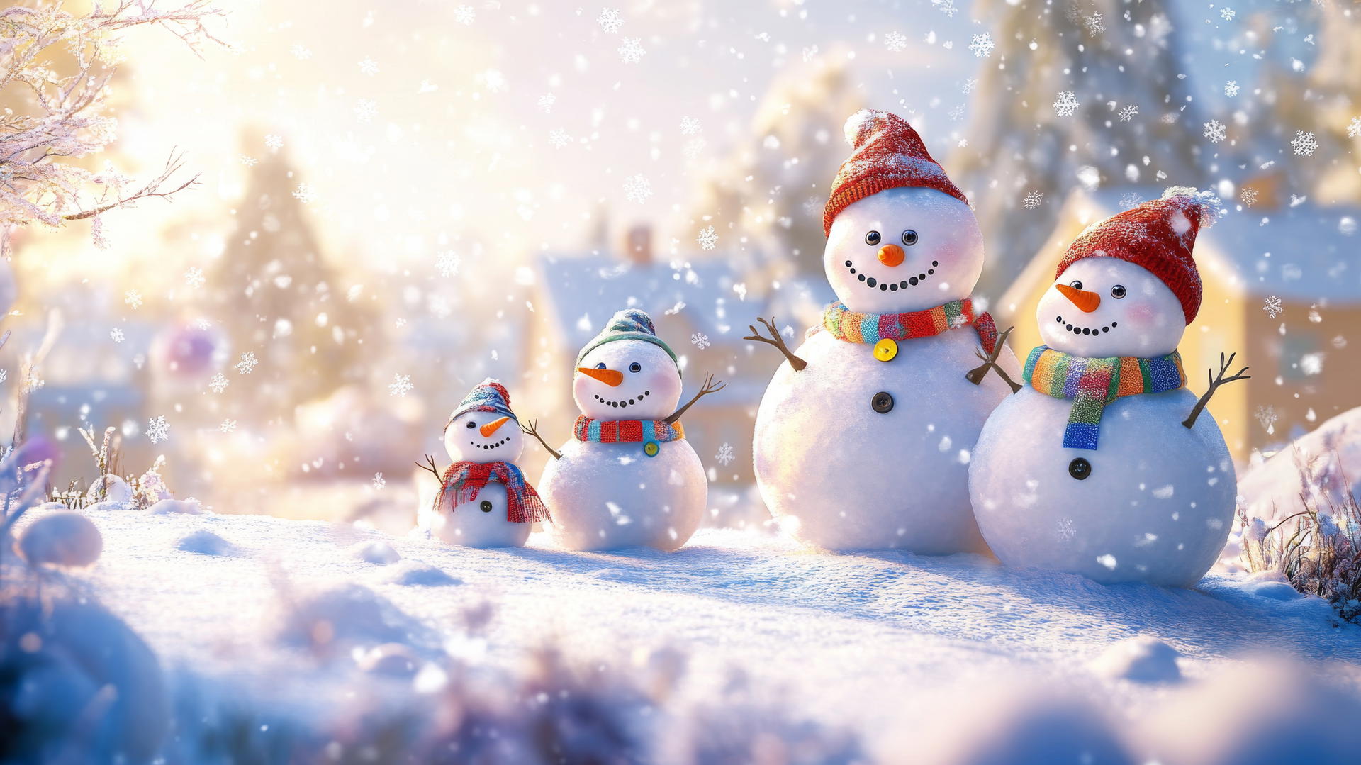 cute winter wallpaper with a smiling snowman family in colorful scarves in a snowy yard