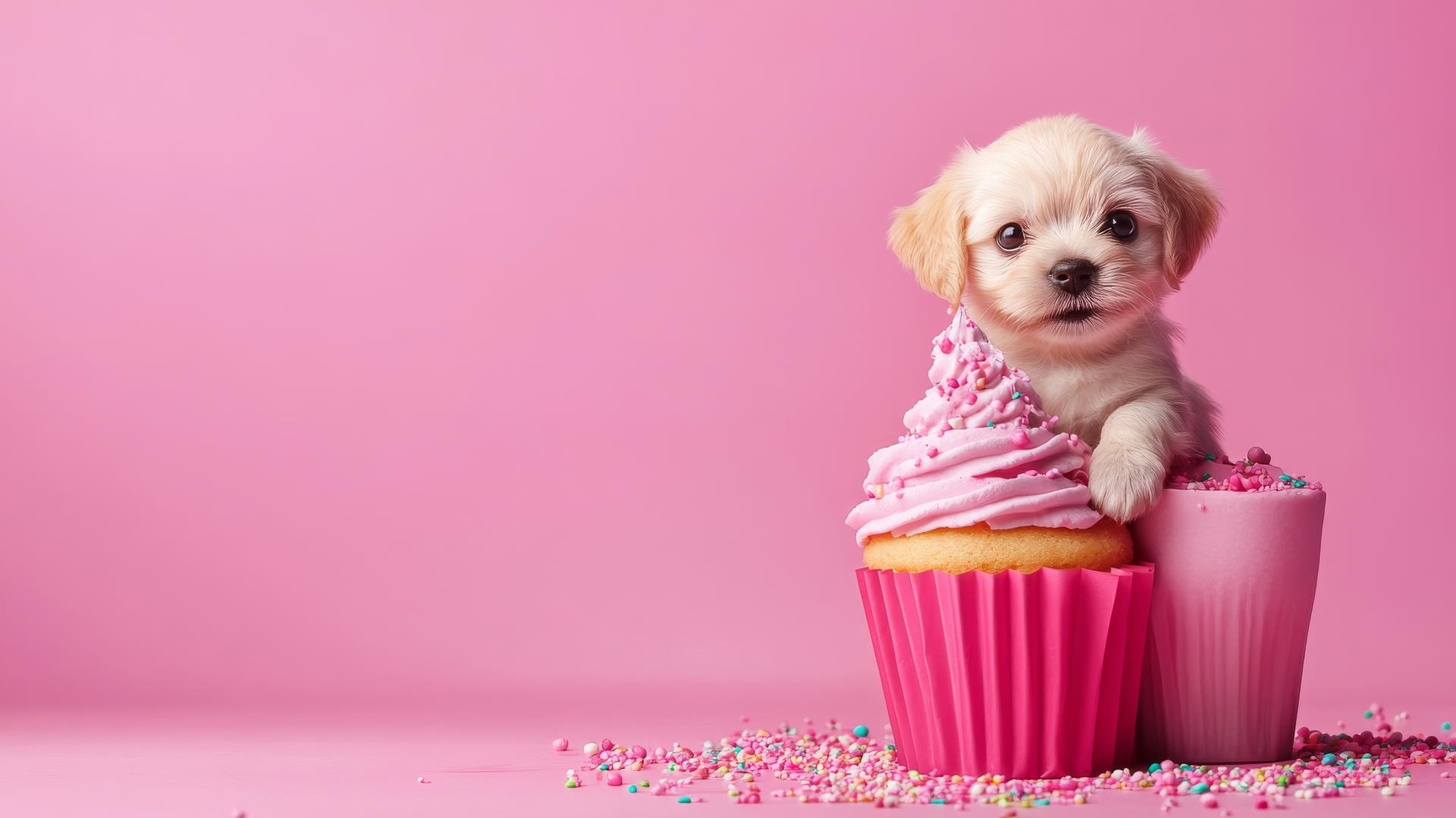 pink cute puppy wallpaper with a bright pink background, giant cupcake, and sprinkles