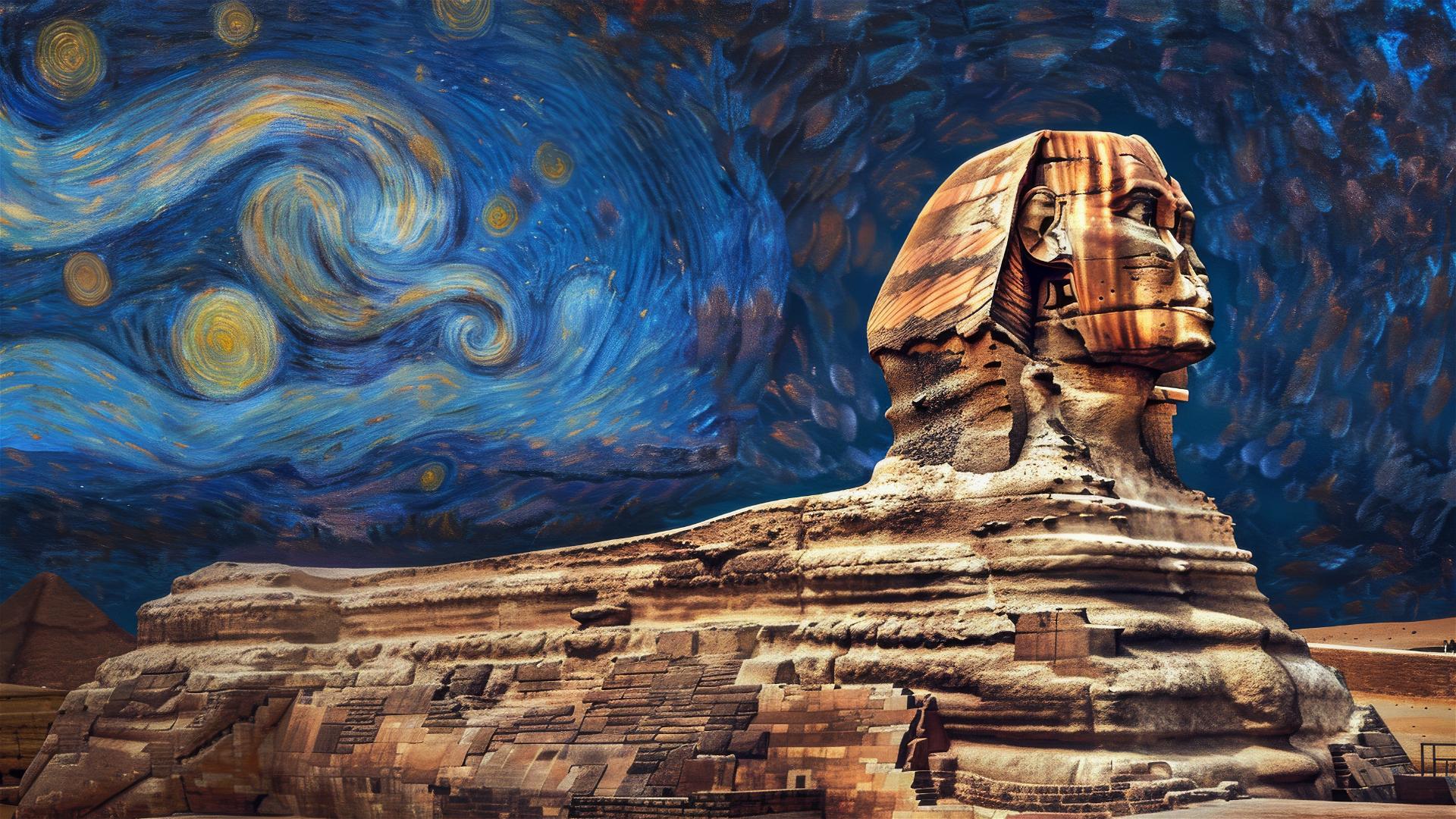 Great Sphinx of Giza with van Gogh Starry Night sky at twilight