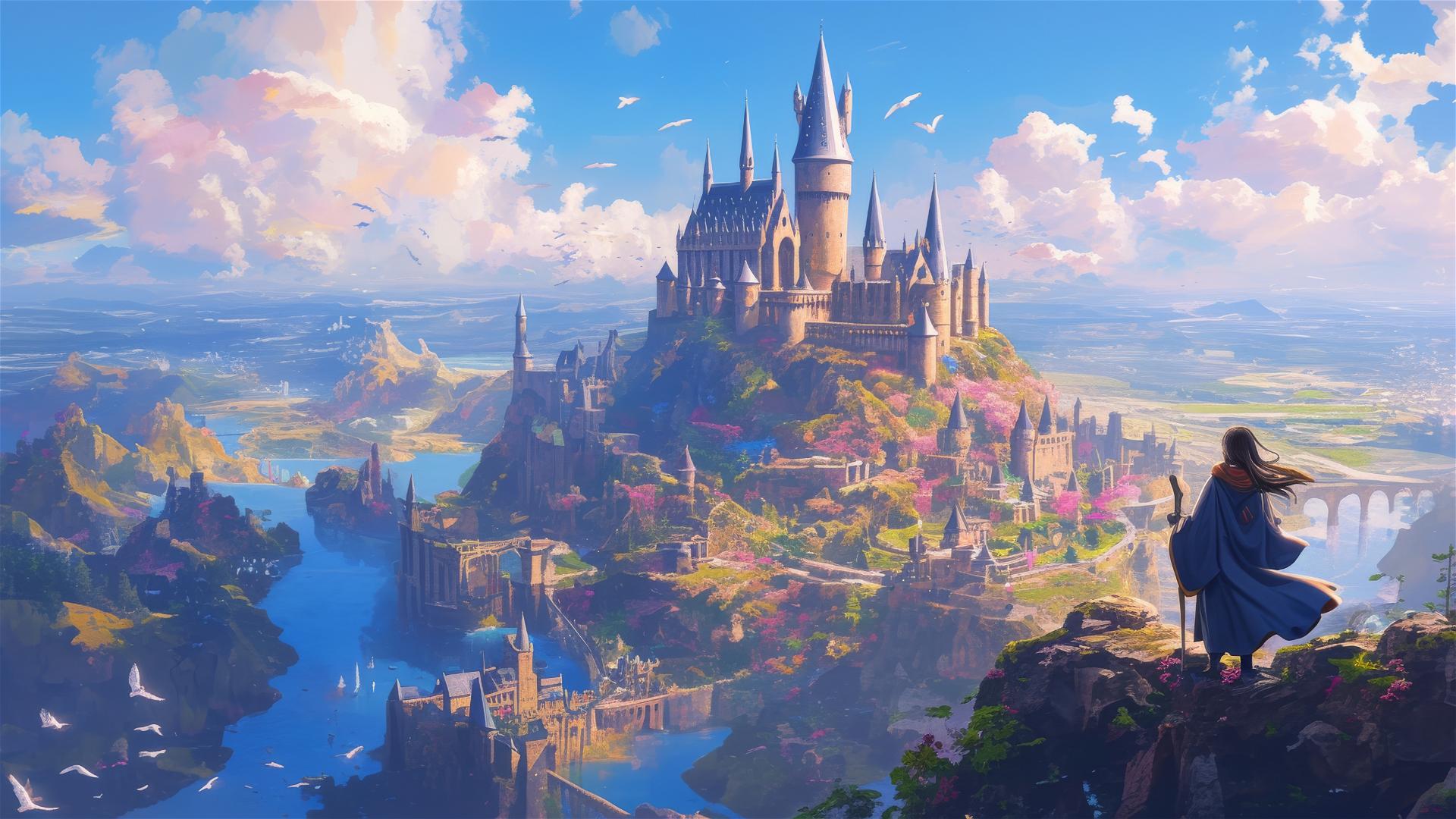 Aerial illustration of Hogwarts from Harry Potter