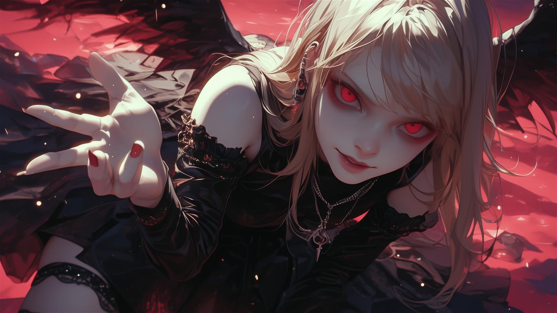 Misa Amane from Death Note with red eyes in dynamic pose on dark background