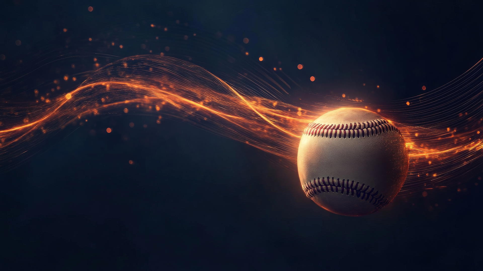 Glowing baseball spinning with motion lines on dark background