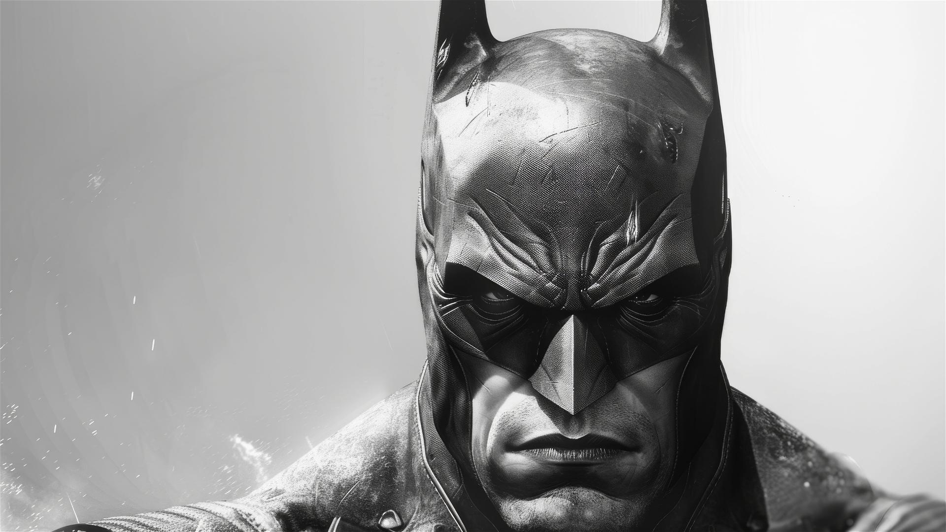 Batman in arkham city illustration in grayscale with white background on landscape format