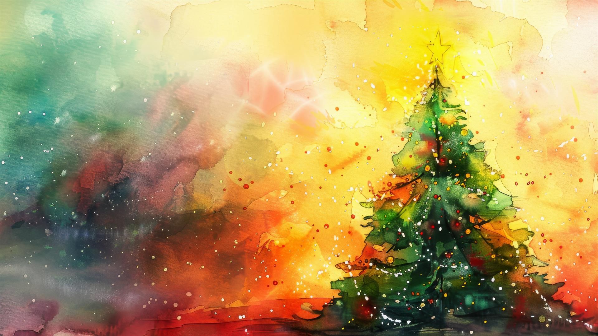 Watercolor Christmas tree with bright lights and festive atmosphere