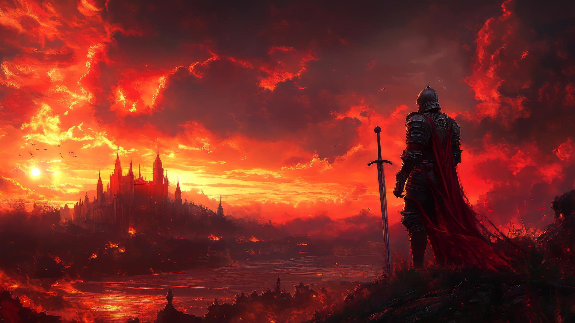 A heroic knight in shining armor on a battlefield with a fiery sunset and castles, cool wallpapers for boys