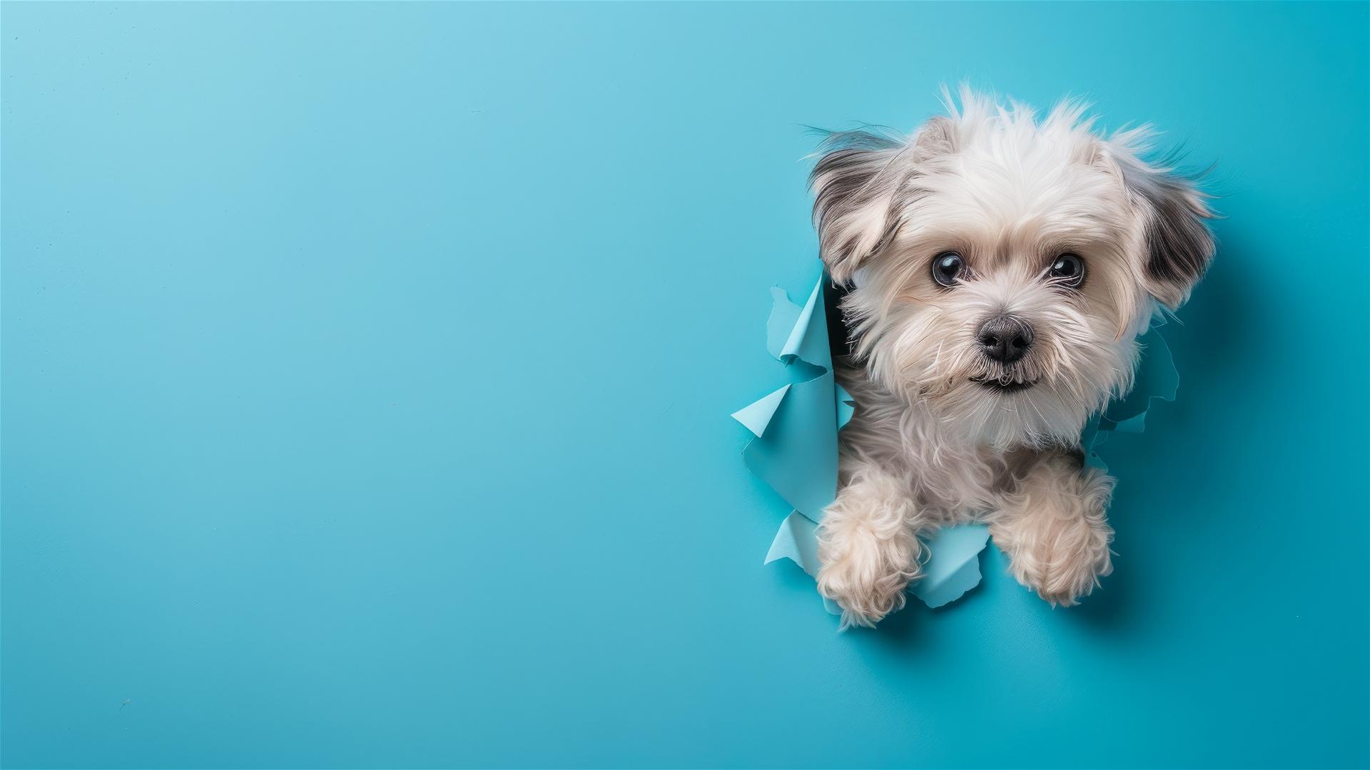 Teacup Havanese peeking through sky blue paper