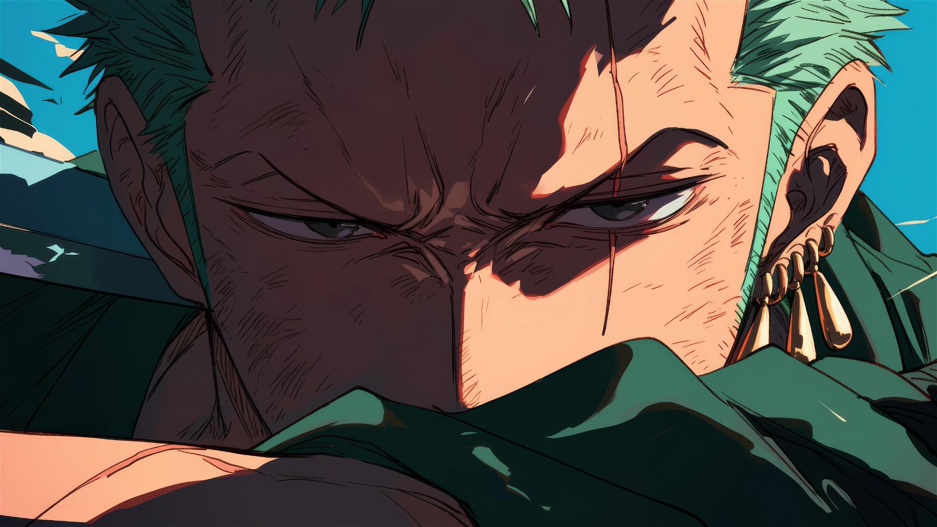 Roronoa Zoro from One Piece with half-hidden face, glowing eyes in shadow