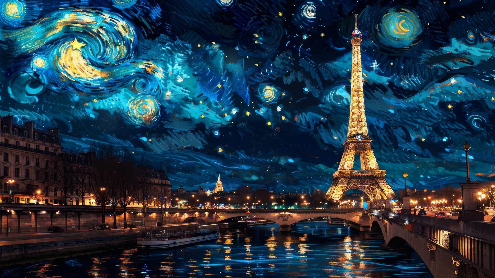 Eiffel Tower and Paris at night under van Gogh-style starry sky