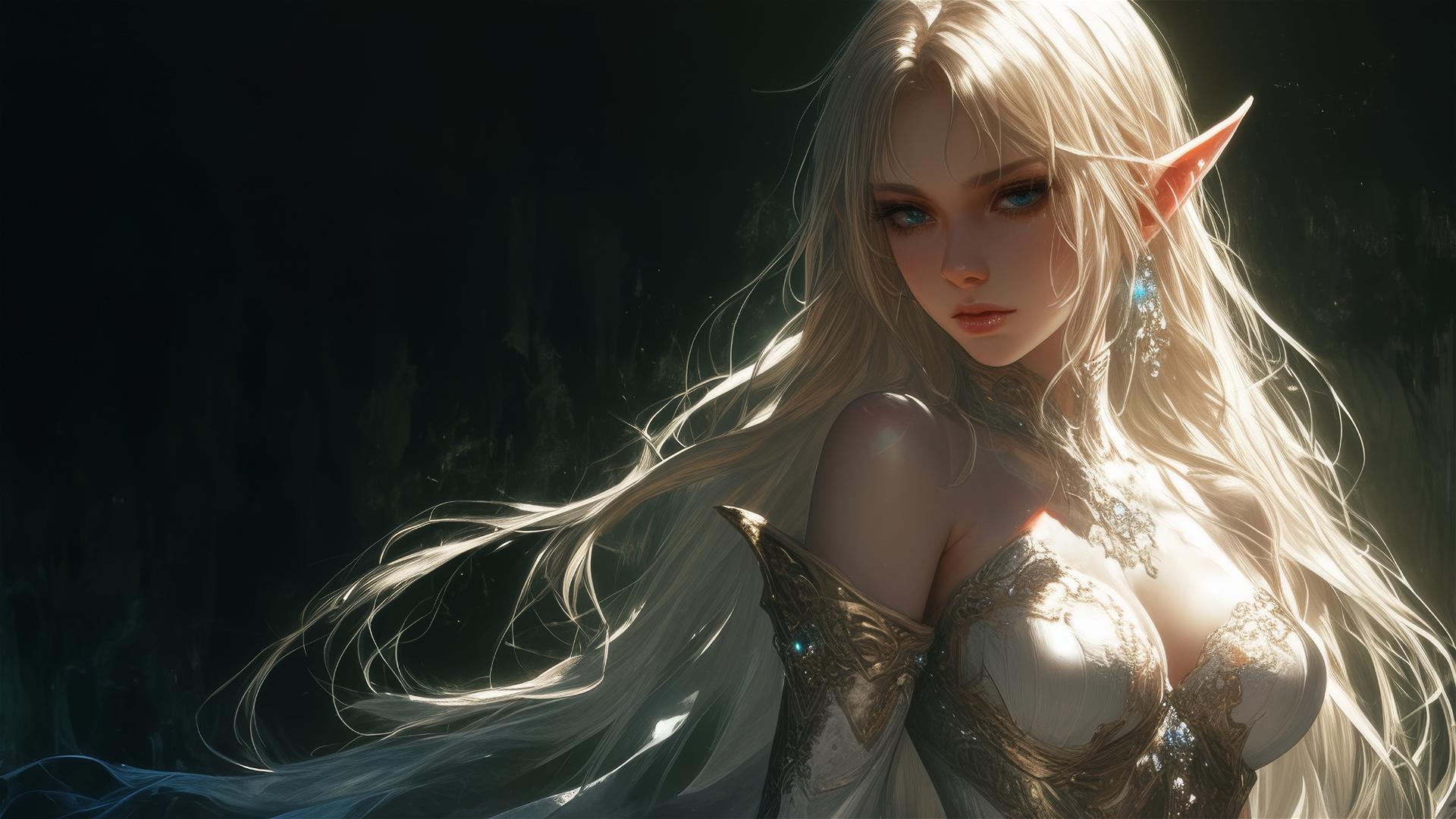 Fantasy Elf girl in dynamic pose on dark background with spotlight effect