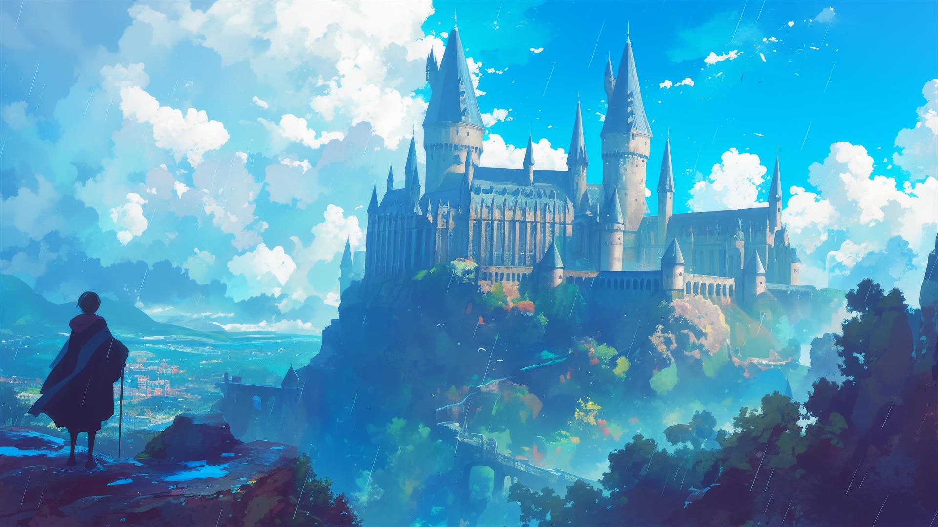 Ghibli-inspired illustration of Hogwarts in the rain