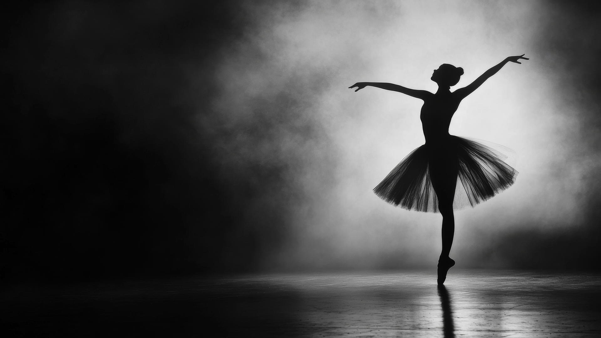 A graceful ballerina mid-pirouette in a black and white wallpaper