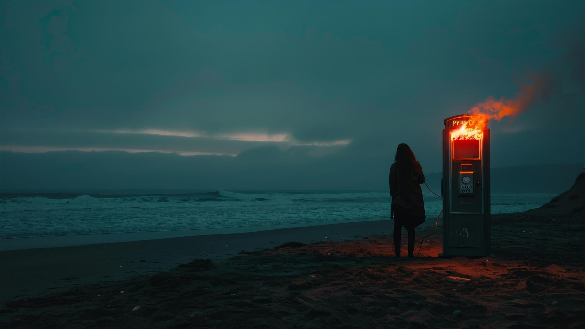 Silhouetted woman near burning payphone on beach at dusk