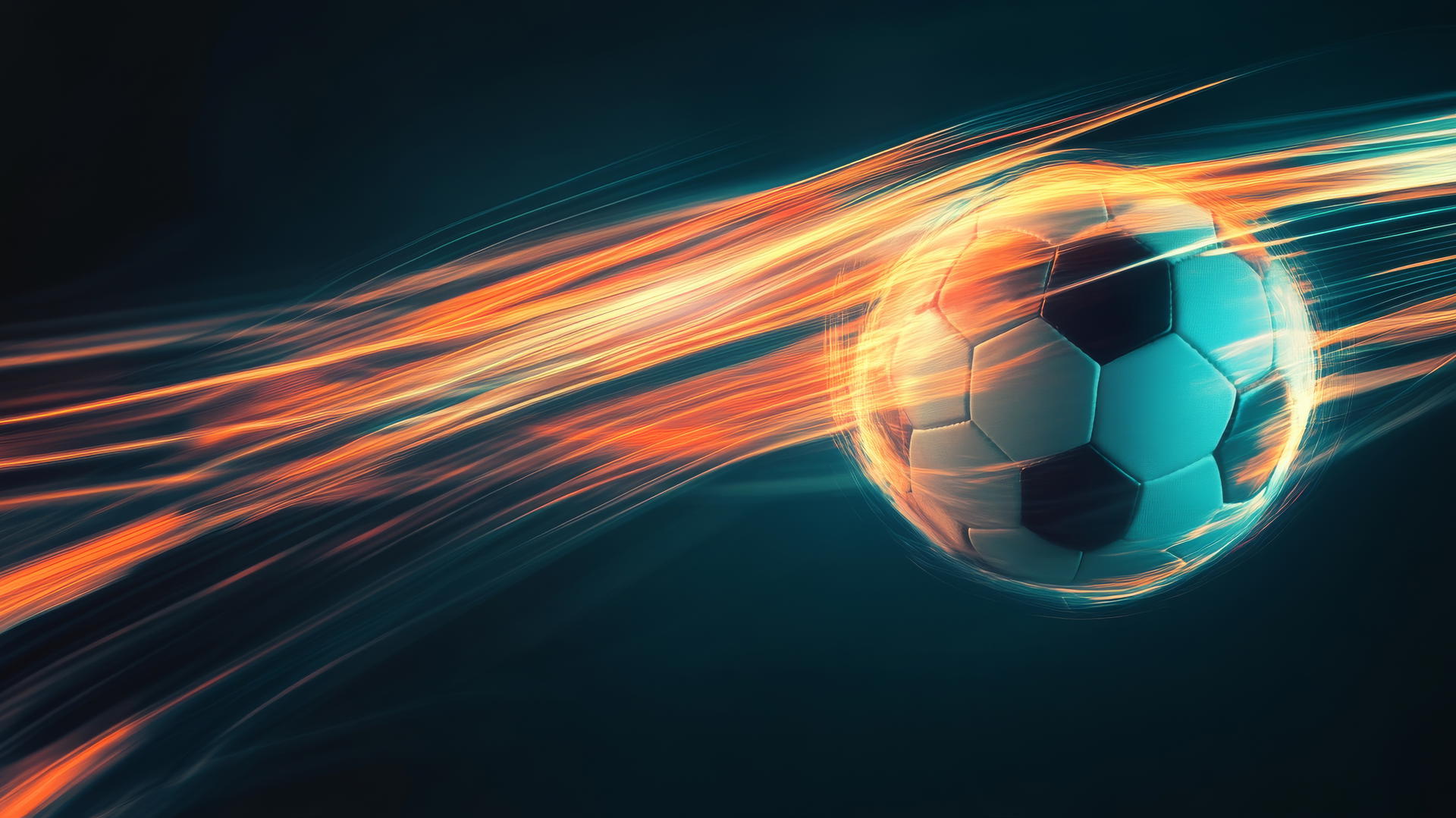 Minimalist glowing football in motion with light streaks on dark background