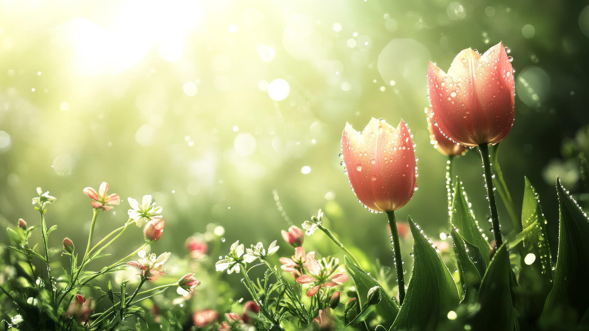 spring wallpaper with misty morning, dew-covered flowers, and soft sunlight