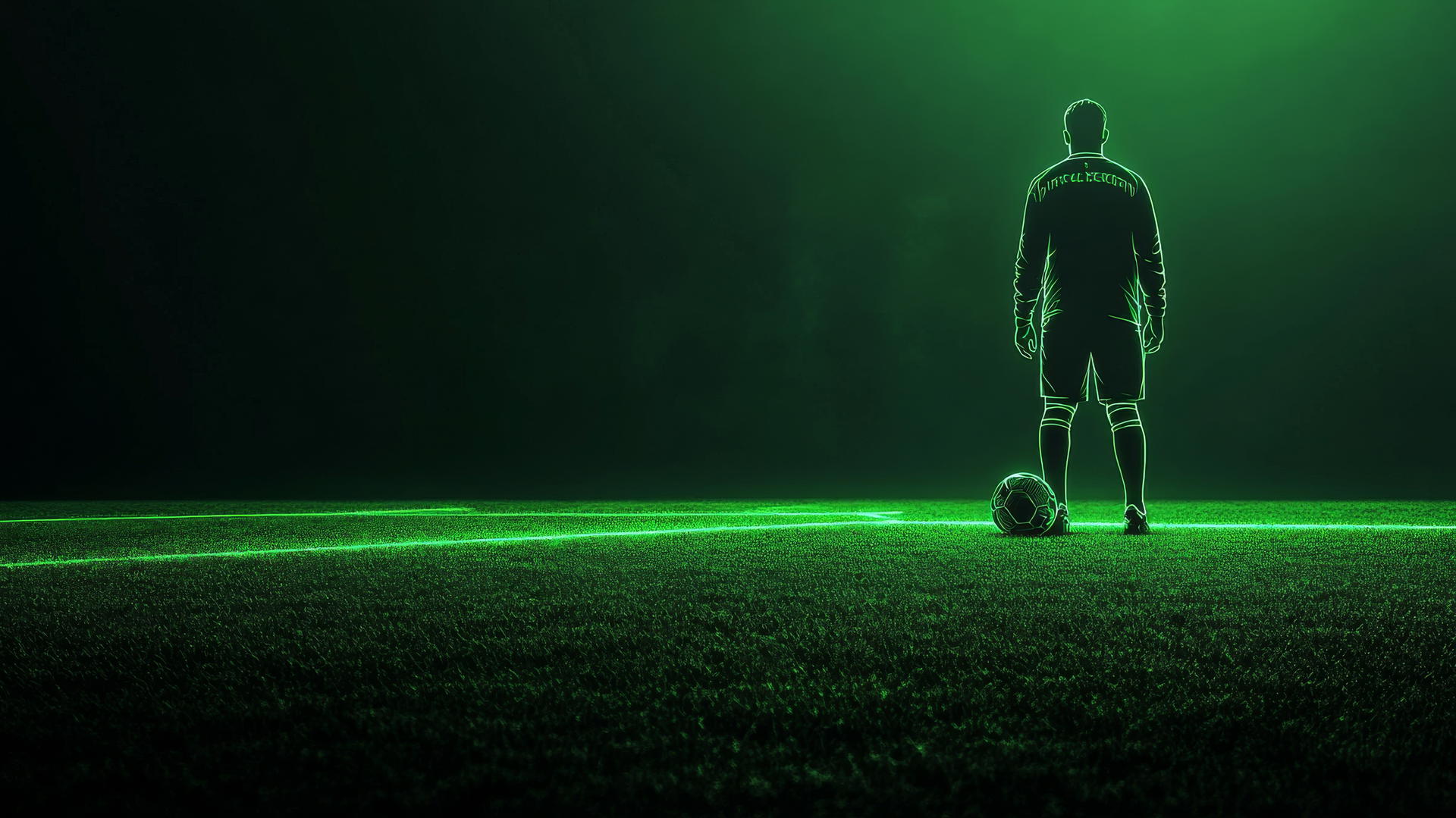 Minimalist outline of soccer player near penalty box with neon-lit ball on dark green field.