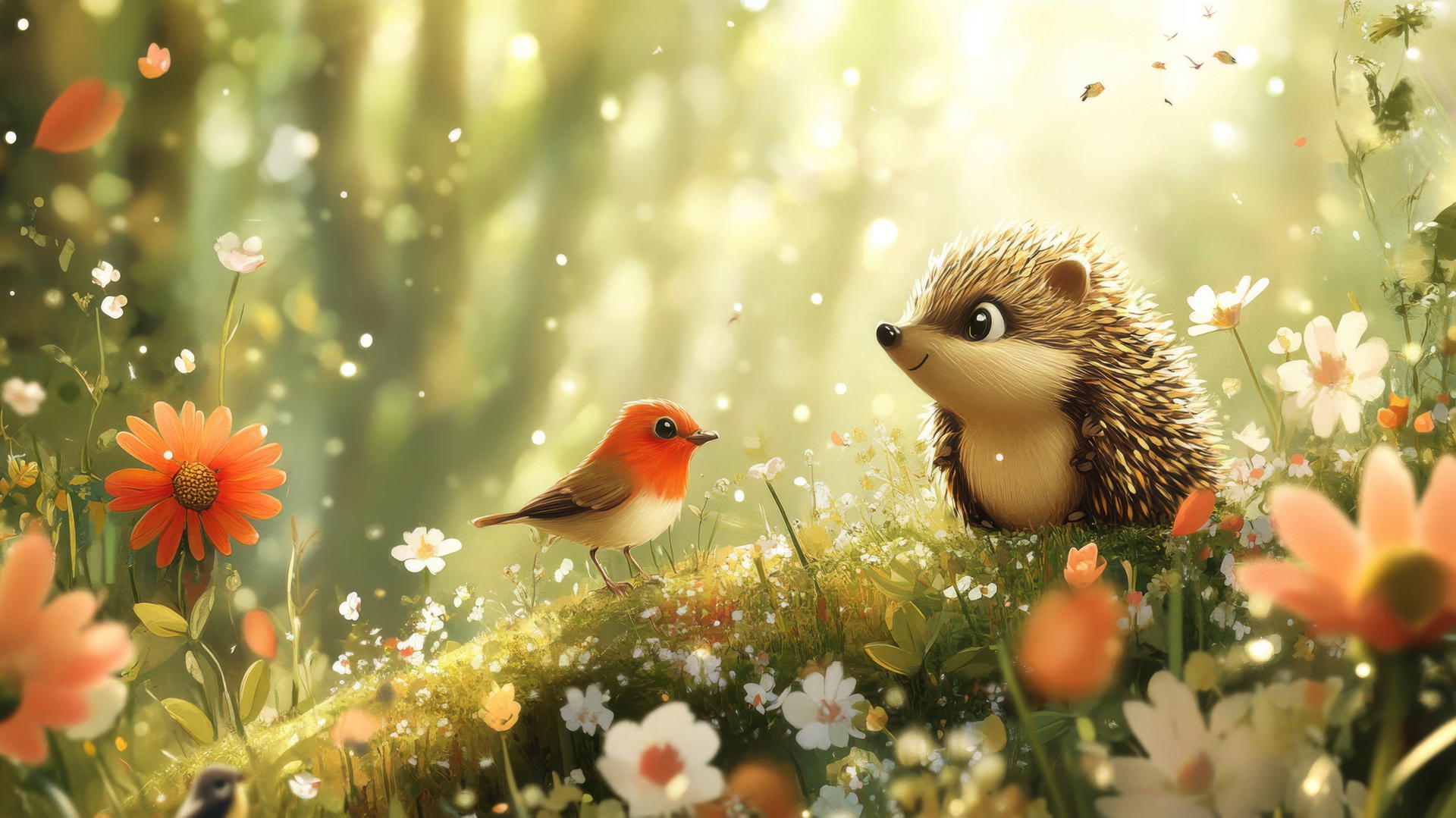 cute spring wallpaper with cartoon hedgehogs and birds in a flower-filled meadow