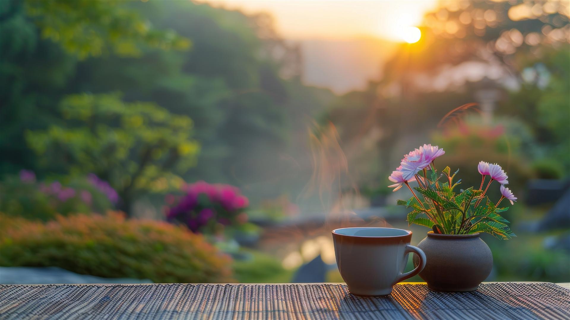 Coffee cup and flower pot on table in a Zen garden at sunrise