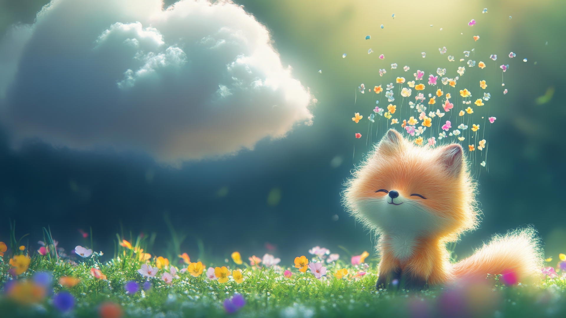cute spring wallpaper with a fluffy cloud raining colorful flowers over a smiling baby fox
