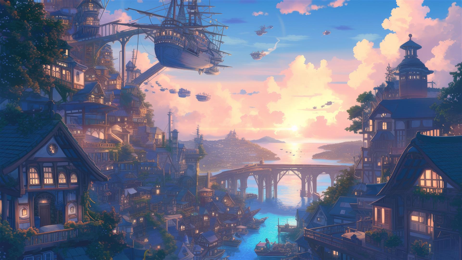 Ghibli-style port town at sunrise with magical ships