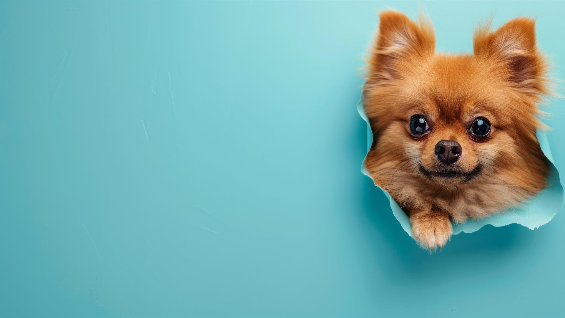 Pomeranian peeking through sky blue wall
