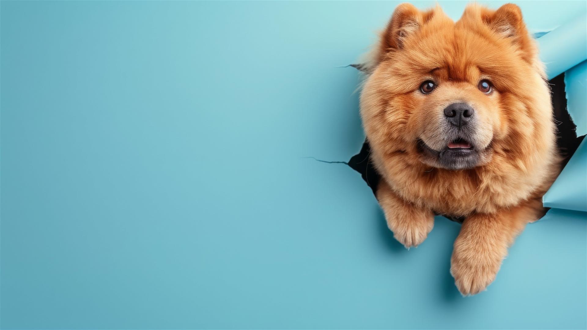 Chow Chow peeking through sky blue paper hole